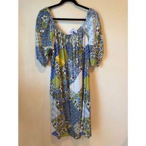 Boho Patchwork Midi Dress in Blue & Green